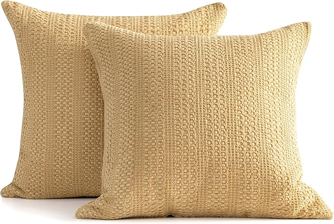 COCOPLOCEUS 18x18 Throw Pillow Covers Set of 2 Boho Decorative Pillow Shams Stone Washed Cotton Pillowcase Waffle Square for Couch Sofa Chair Bed Car, Yellow