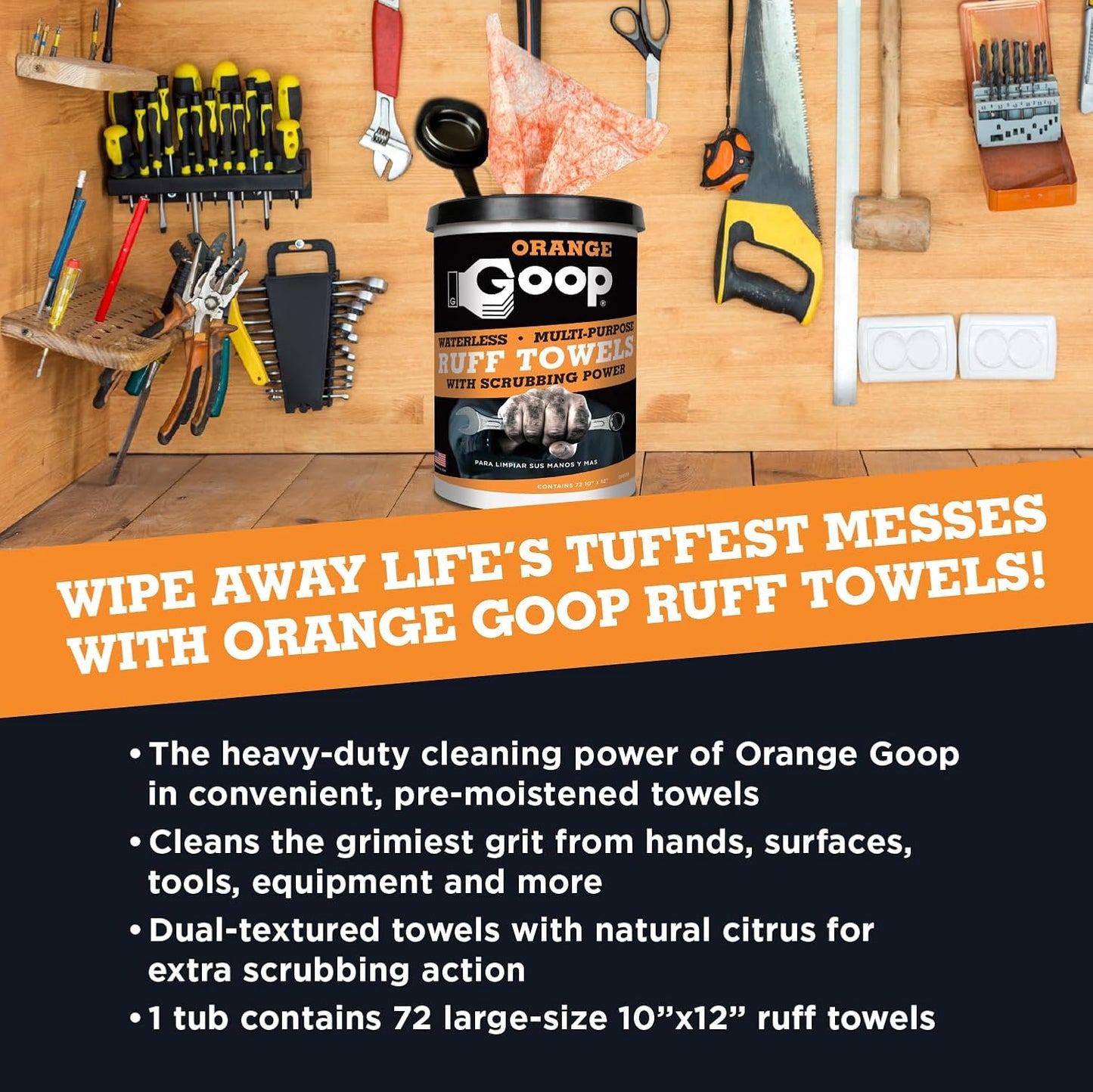 GOOP Orange Heavy Duty Ruff Towels with Scrubbing Power, 10” x 12” Dual Textured Multi-Purpose Cleaning Wipes, Removes Dirt, Grease, Oil, 72 Count (Pack of 2)