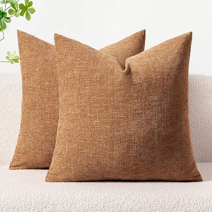 MIULEE Pack of 2 Brown Throw Pillow Covers 20x20 Inch Soft Chenille Pillow Covers for Sofa Living Room Couch Solid Dyed Cases