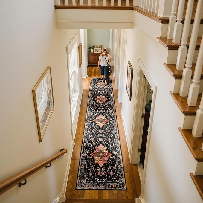 RELEANY Area Rugs 2'6''x10' Runner Rug Non Slip Washable for Kitchen Hallway Bedroom Beside Laundry Room Bathroom Rug, Floor Carpet, Black Colorful Floral Dark Tan