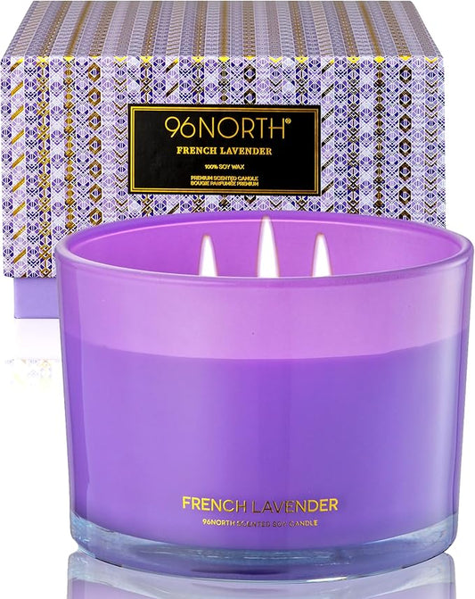 96NORTH Luxury Lavender Soy Candle | Large 3 Wick Jar Candle | Up to 50 Hours Burning Time | 100% Natural Soy Wax | Relaxing Aromatherapy Aesthetic Candle | Housewarming Gift for Women and Men