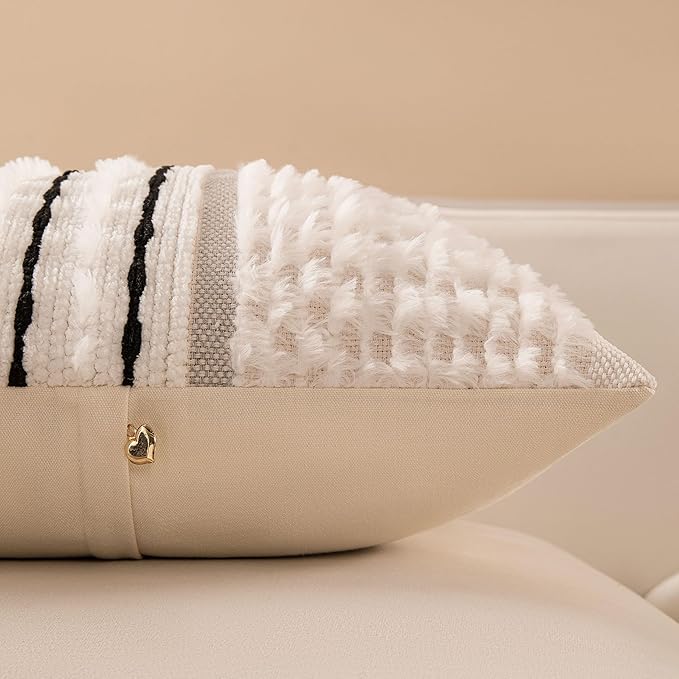 KOOLIFE Boho Chenille Tufted Couch Throw Pillow Covers 18x18 Inch Set of 2 Farmhouse Striped Decorative Pillow Covers Accent Neutral Pillowcase Black Cushion Cover for Living Room Sofa Bed