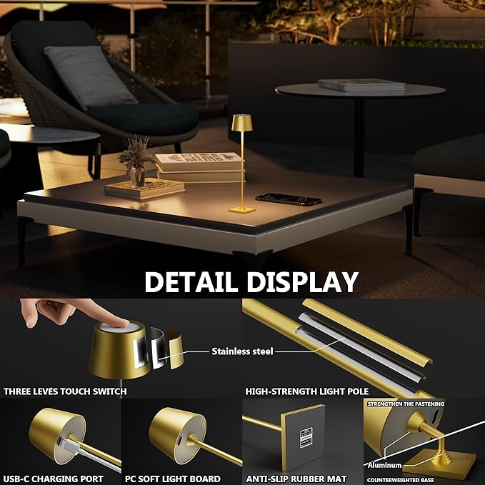 Timjorman Compact Cordless Table Lamp, Rechargeable LED Night Light, Dual Light Source (RGB Top & Warm Bottom), Touch Control & Timer, Metal Lamp for Bedroom & Kids Room (Golden 1-Pack)