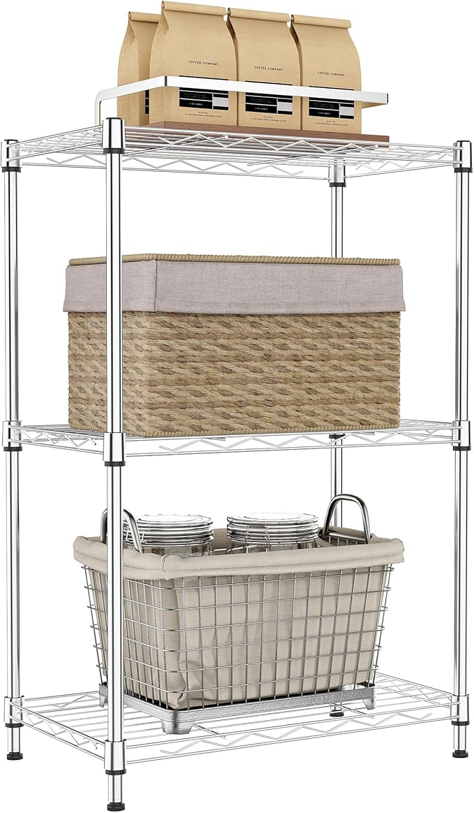 IZEUK 3 Tier Metal Wire Shelving Rack Storage Shelves for Kitchen, Bedroom, Living Room or Laundry Room, Chrome, 17.7" W x 11.8" D x 28.8" H