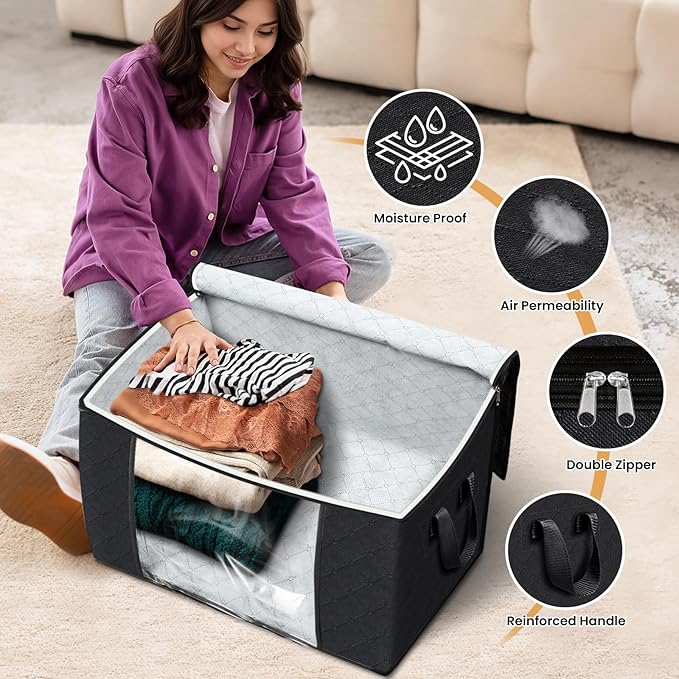 Fab totes 24 Gallons Clothes Storage, Foldable Thick Fabric Blanket Storage Bags, Containers for Organizing Bedroom, Closet, Clothing, Comforter, Organization with Handle (10 Pack,Black)