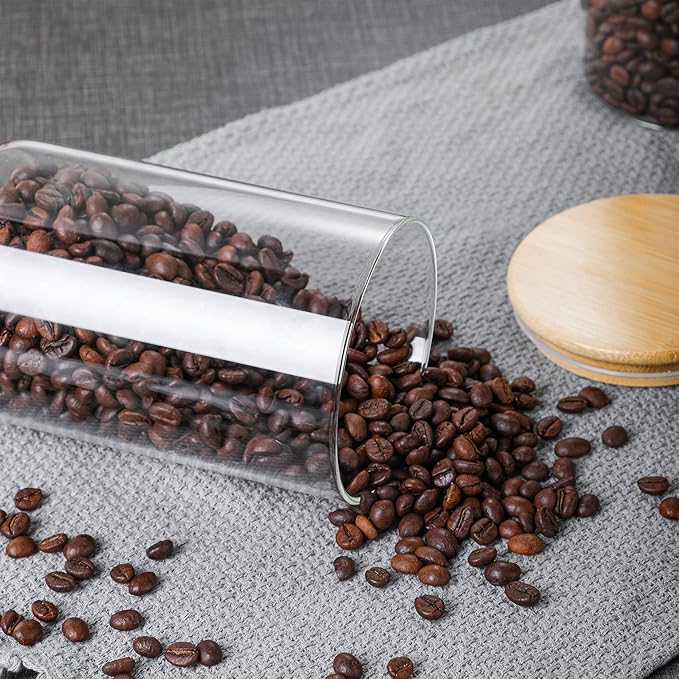 MOLFUJ 550 ML / 18 FL Oz Glass Storage Container with Wood Lid, Stackable Clear Decorative Organizer Bottle Canister Pantry Jar with Air Tight Wooden Lid for Food, Coffee, Candy, Sugar, Salt, Tea