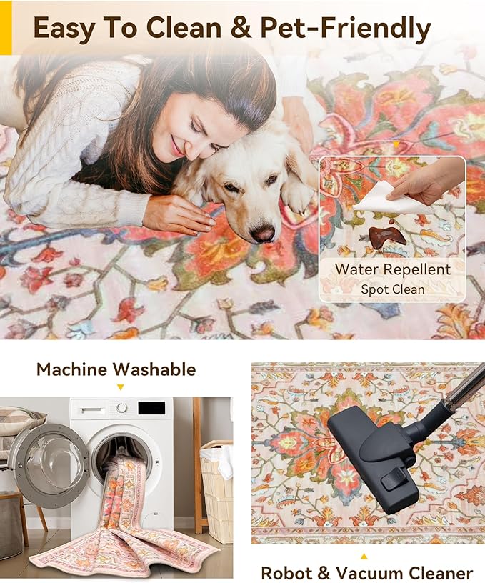 RELEANY Area Rugs 2'x8' Runner Rug Non Slip Washable for Kitchen Hallway Bedroom Beside Laundry Room Bathroom Rug, Floor Carpet, Light Pink Colorful