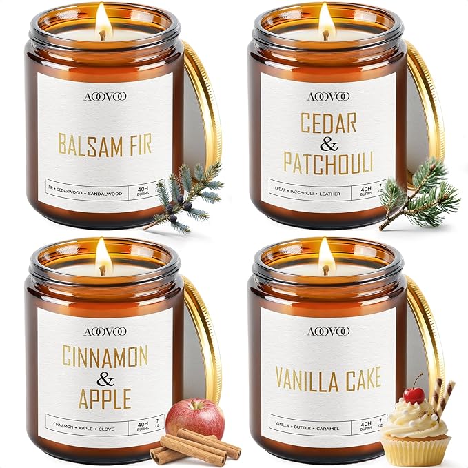 AOOVOO Christmas Candle Set - 4PC Scented Candles, 28 oz Soy Candles, Soy Candle for Home Scented, Balsam Fir/Cedar&Patchouli/Cinnamon&Apple/Vanilla Cake