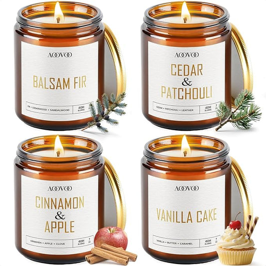 AOOVOO Christmas Candle Set - 4PC Scented Candles, 28 oz Soy Candles, Soy Candle for Home Scented, Balsam Fir/Cedar&Patchouli/Cinnamon&Apple/Vanilla Cake