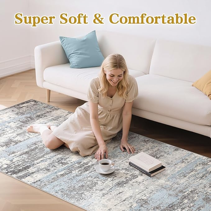 Hallway Washable Runner Rug: 3x10 Abstract Modern Soft Stain Resistant Non-Slip Backing Runner for for Entryway Kitchen Laundry - Blue Grey