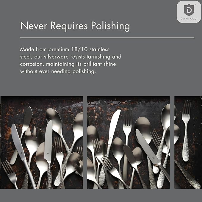 Matte Silverware Set, 18/10 Stainless Steel Satin Flatware, Modern Brushed Finish Cutlery, Dishwasher Safe & Durable, Built to Last (60-Piece, Marettimo Hammered)