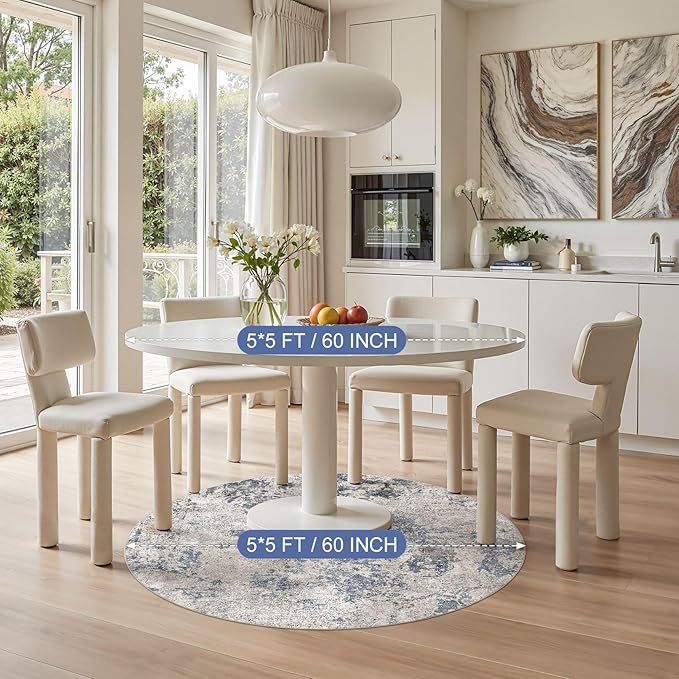 5ft Round Area Rugs for Living Room: 5x5 Abstract Washable Rug Modern Large Soft Stain Resistant Non-Slip Backing Machine Table for Bedroom Dining Room Indoor Home Office Carpet - Blue Brown