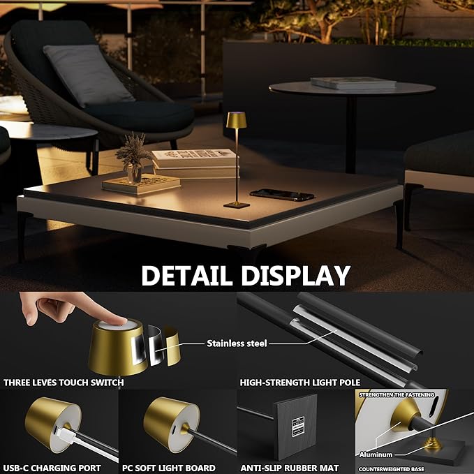 Timjorman Compact Cordless Table Lamp, Rechargeable LED Night Light, Dual Light Source (RGB Top & Warm Bottom), Touch Control & Timer, Metal Lamp for Bedroom & Kids Room (Antique Brass & Black)