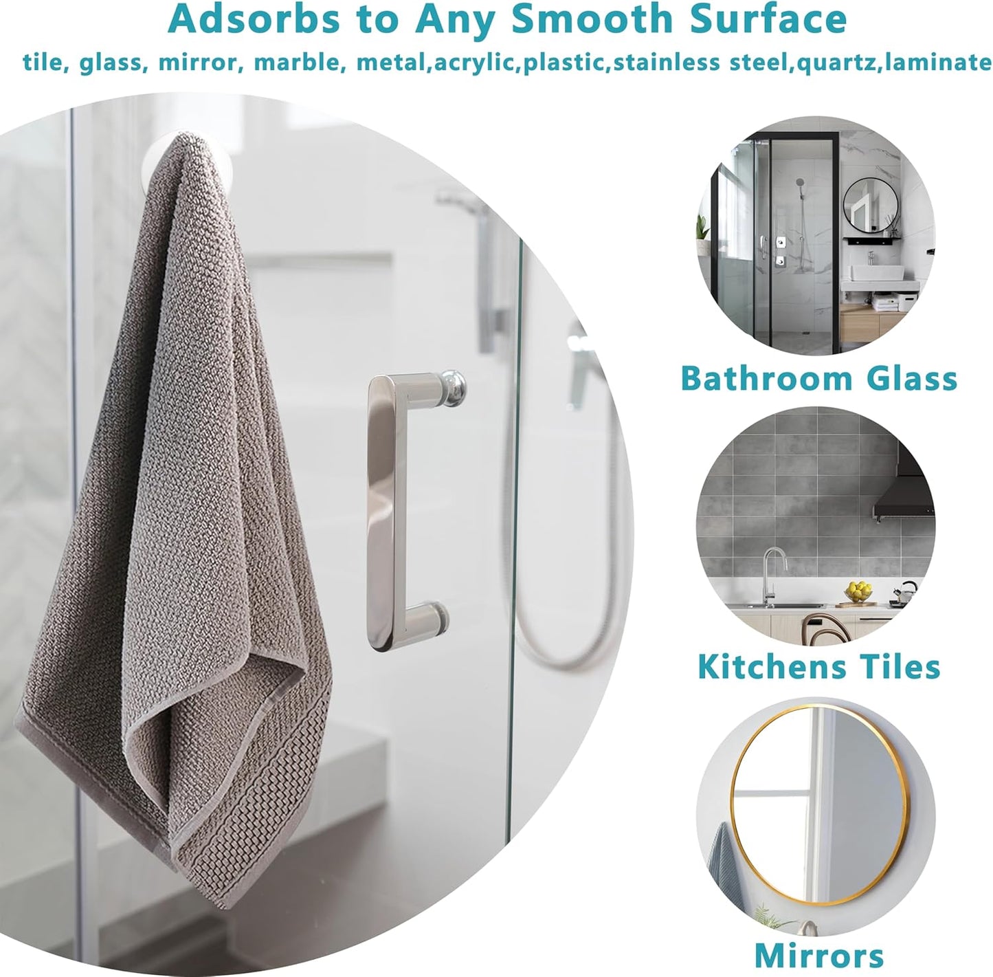 Suction Cup Hooks for Shower,Removable No Drill Towel Hooks,Upgraded 15 lbs Strong Suction hooks for Bathroom Tile,Shower Wall,Glass Door,Kitchen-Loofah,Coat,Stainless Waterproof-White 4 Pcs