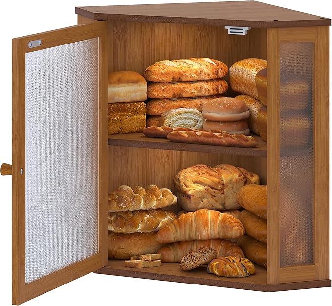 Corner Bread Box for Kitchen Countertop,Bread Storage for Homemade Bread, Double Layer Large Bamboo Kitchen Storage Bin with Window (Brown, Large)