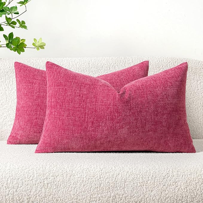 MIULEE Pack of 2 Couch Throw Pillow Covers 12x20 Inch Soft Hot Pink Chenille Pillow Covers for Sofa Living Room Solid Dyed Pillow Cases