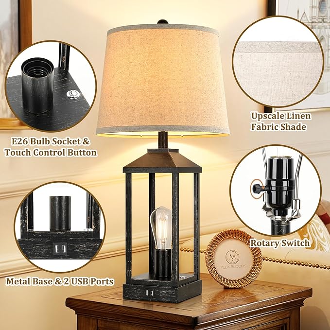 Brightever 28" Farmhouse Table Lamps Set of 2, Black Bedside lamp with USB Charging Ports, 3-Way Dimmable Touch Control Nightstand Lamps,Tall Table Lamp for Living Room, 4 Bulbs Included