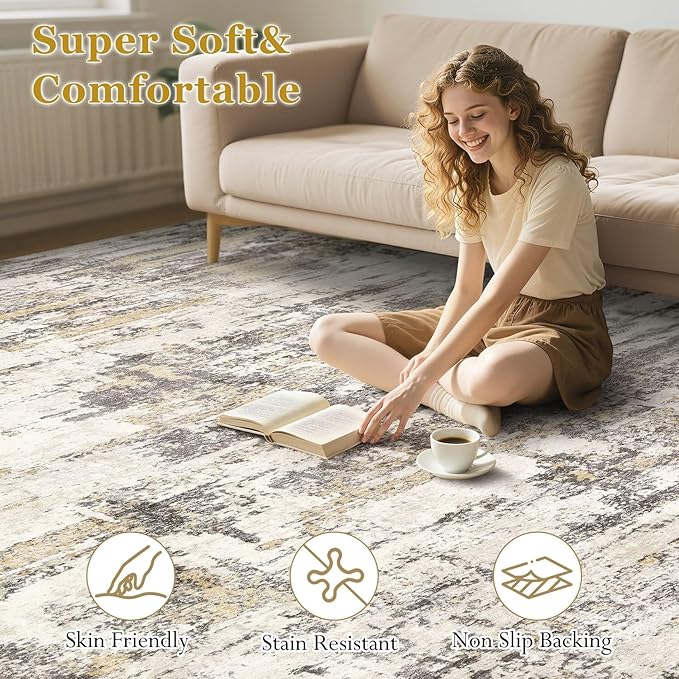 Area Rugs for Living Room: 4x6 Abstract Washable Rug Modern Neutral Large Soft Stain Resistant Non-Slip Backing Machine Table for Bedroom Dining Room Indoor Home Office Carpet - Gold Brown