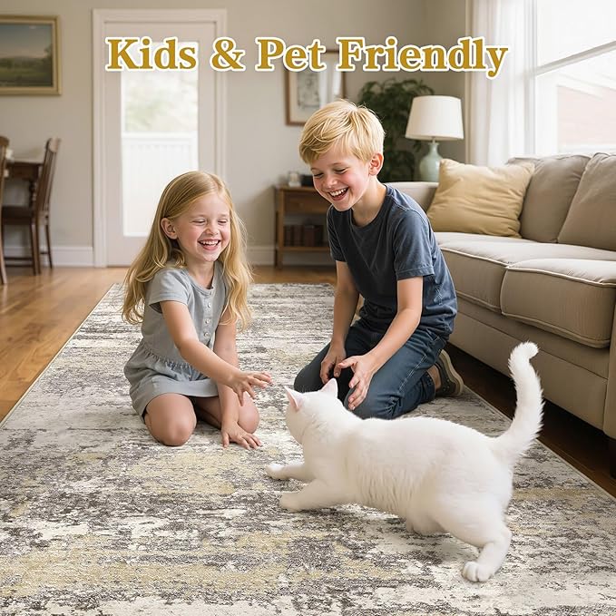 Hallway Washable Runner Rug: 3x12 Abstract Modern Soft Stain Resistant Non-Slip Backing Runner for for Entryway Kitchen Laundry - Gold Brown