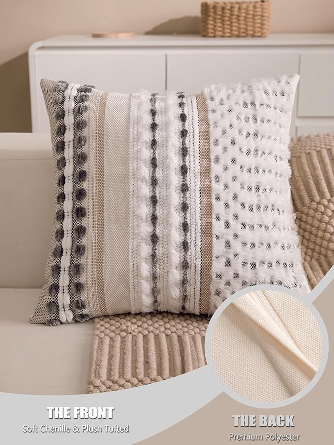 KOOLIFE Boho Chenille Tufted Couch Throw Pillow Covers 18x18 Inch Set of 2 Farmhouse Striped Decorative Pillow Covers Accent Neutral Square Pillowcase Grey Cushion Covers for Livingroom Sofa Bed