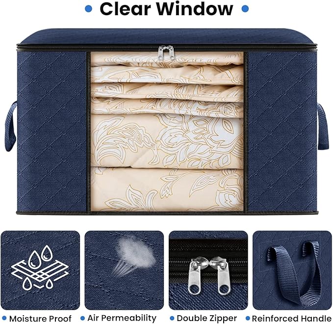 Fab totes Storage Bags,Clothes Blanket Storage Bins Foldable Closet Organizers with Reinforced Handle for Home Dorm Storage and Organization,Fabric Bags for Organizing Sheets,Clothing (Blue,4 Pack)