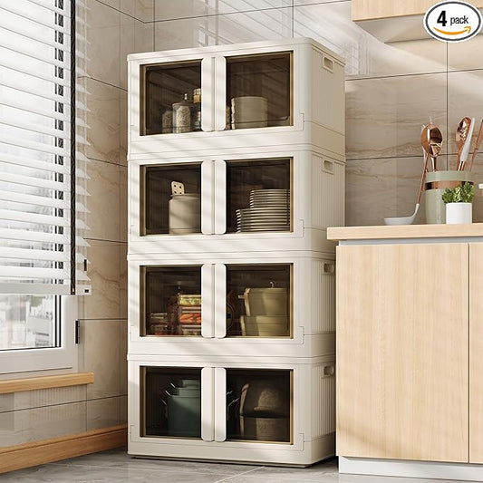 FLEXIMOUNTS 304 QT Stackable Storage Bins With Lids, Collapsible Plastic Storage Bins, Closet Organizers and Containers with Doors For Home and Built-in Wheels, 4 Pack Cubes, Milky White