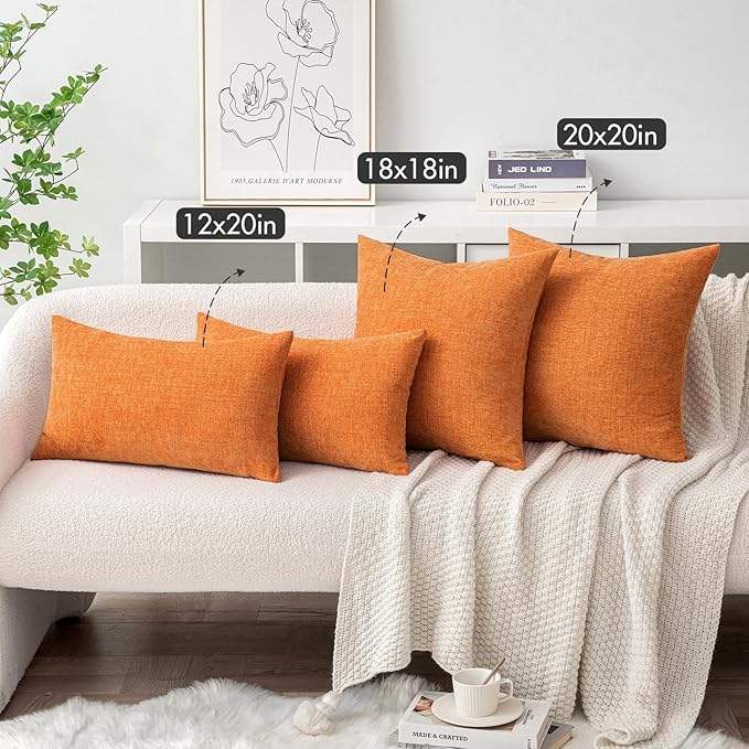 MIULEE Pack of 2 Orange Throw Pillow Covers 18x18 Inch Soft Chenille Pillow Covers for Sofa Living Room Couch Solid Dyed Cases