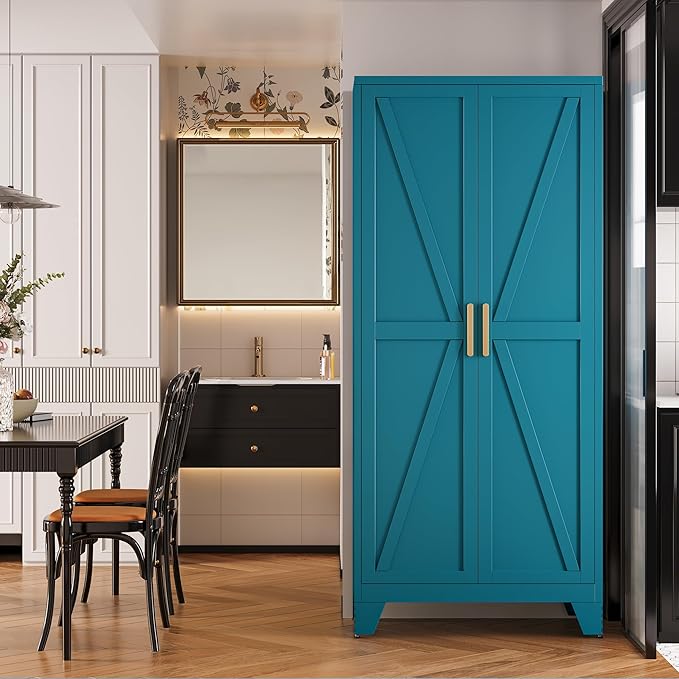 71" Storage Cabinet with Doors and Shelves, Tall Freestanding Pantry Cabinet in Teal Blue with 2 Doors & 4 Adjustable Shelves, All-Steel Farmhouse Cupboard for Kitchen, Garage, Laundry Room