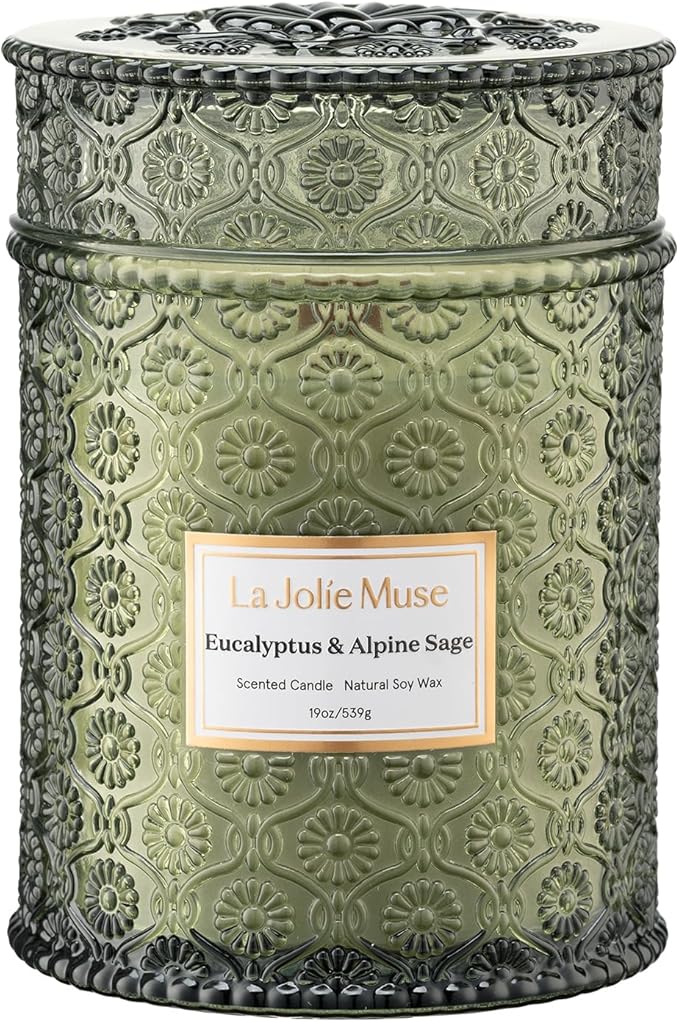 LA JOLIE MUSE Eucalyptus & Alpine Sage | Eucalyptus, Lavender & Sage Candle for Home Cleansing | 19 oz Wooden Wick | Natural Soy Wax | 90 Hours Burn | Candle for Relaxation