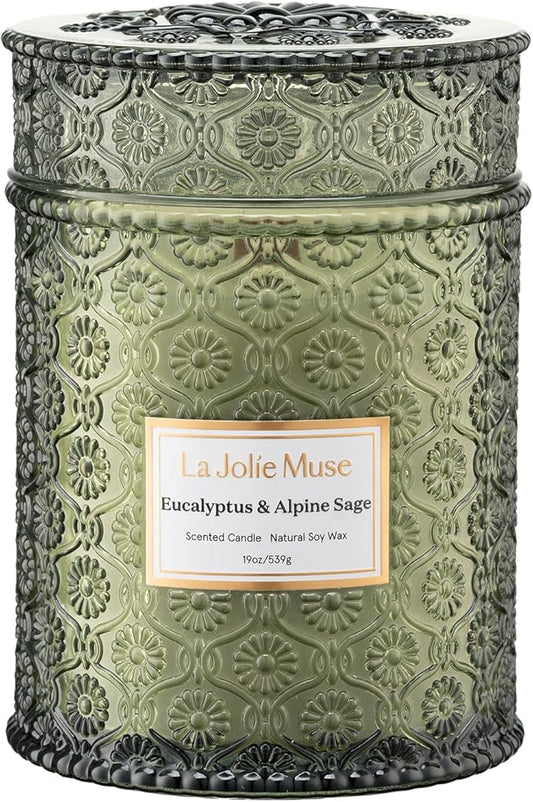 LA JOLIE MUSE Eucalyptus & Alpine Sage | Eucalyptus, Lavender & Sage Candle for Home Cleansing | 19 oz Wooden Wick | Natural Soy Wax | 90 Hours Burn | Candle for Relaxation