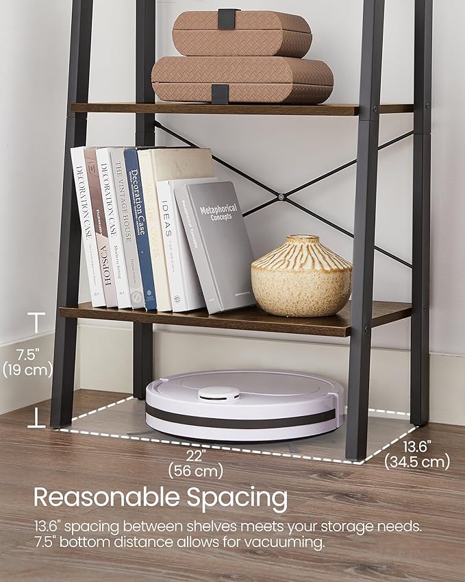 VASAGLE Ladder Shelf, 4-Tier Bookshelf, Storage Rack, Bookcase with Steel Frame, for Living Room, Home Office, Kitchen, Bedroom, Industrial Style, Hickory Brown and Ink Black ULLS44BF