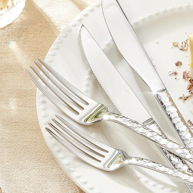 KINGSTONE 48 Piece Silverware Set with Steak Knives, Hammered Silverware Set for 8, 18/10 Stainless Steel Flatware, Cutlery Set for Home, Party, Wedding, Mirror Polished Dishwasher Safe