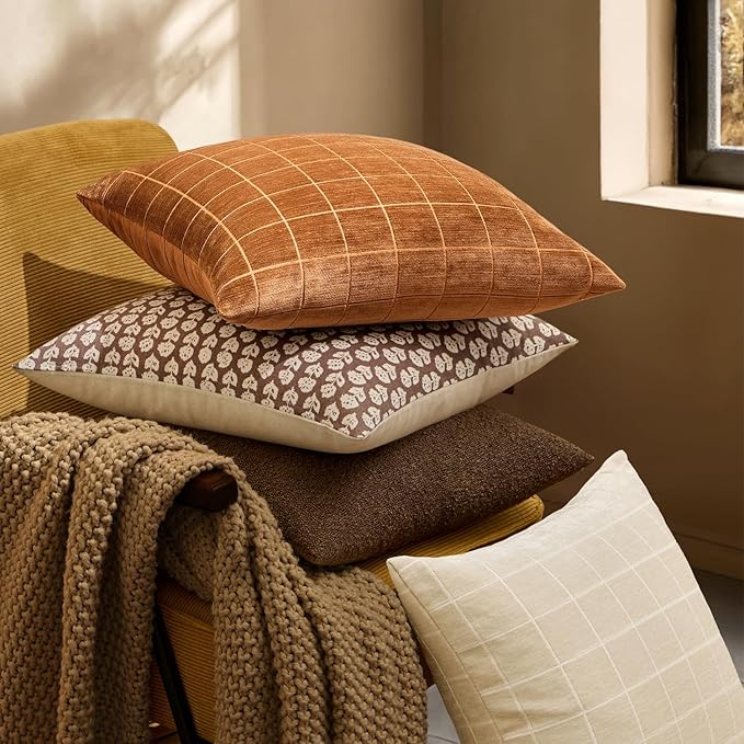 MIULEE Decorative Chenille Check Throw Pillow Covers Vintage Plaid Couch Pillows 18x18 Inch Set of 2 Neutral Boho Farmhouse Cushion Covers Modern Spring Home Decor for Sofa Bed Living Room Bronze