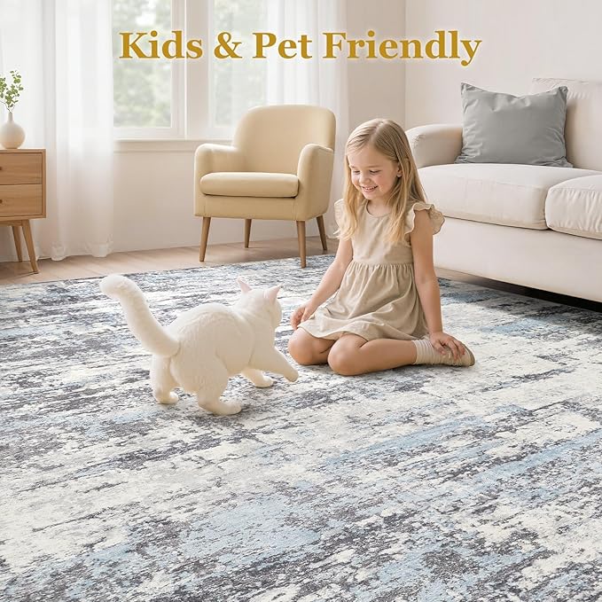 Area Rugs for Living Room: 6x9 Abstract Washable Rug Modern Neutral Large Soft Stain Resistant Non-Slip Backing Machine Table for Bedroom Dining Room Indoor Home Office Carpet - Blue Grey