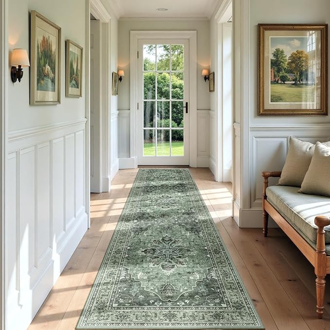 RELEANY Area Rugs 2'x7' Runner Rug Non Slip Washable for Kitchen Hallway Bedroom Beside Laundry Room Bathroom Rug, Floor Carpet, Dark Green Gray
