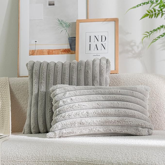 DEELAND Pack of 2,Double-Sided Faux Fur Plush Decorative Throw Pillow Covers Fuzzy Striped Soft Pillowcase Cushion Covers for Sofa Couch Bedroom Lightgrey 20x20 inch