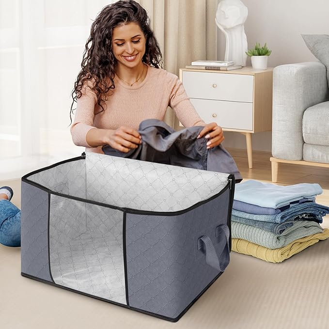 Fab totes Storage Bags,Clothes Blanket Storage Bins Foldable Closet Organizers with Reinforced Handle for Home Dorm Storage and Organization,Fabric Bags for Organizing Sheets,Clothing (Grey,10 Pack)