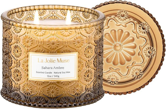 LA JOLIE MUSE Sahara Amber Candle – Bergamot, Clove & Amber | 12 oz Large 2-Wick Soy Wax Candle | 60 Hours Clean Burn | Gift-Ready for Hosts & Gatherings | Elegant Home Décor