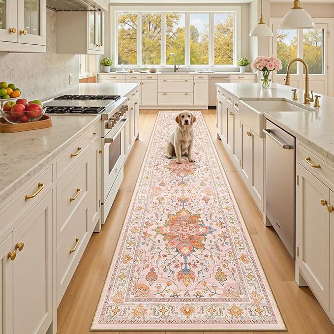RELEANY Area Rugs 2'x10' Runner Rug Non Slip Washable for Kitchen Hallway Bedroom Beside Laundry Room Bathroom Rug, Floor Carpet, Light Pink Colorful