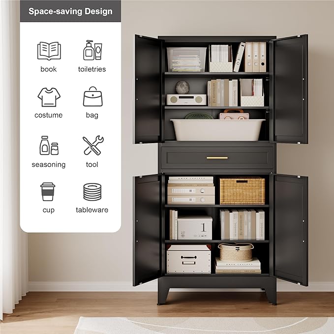 71" Pantry Cabinet in Black, with 4 Doors & Center Drawer, Max Organization Storage Cabinet with Adjustable Shelves, Freestanding Farmhouse Cupboard for Spacious Kitchen, Dining Room