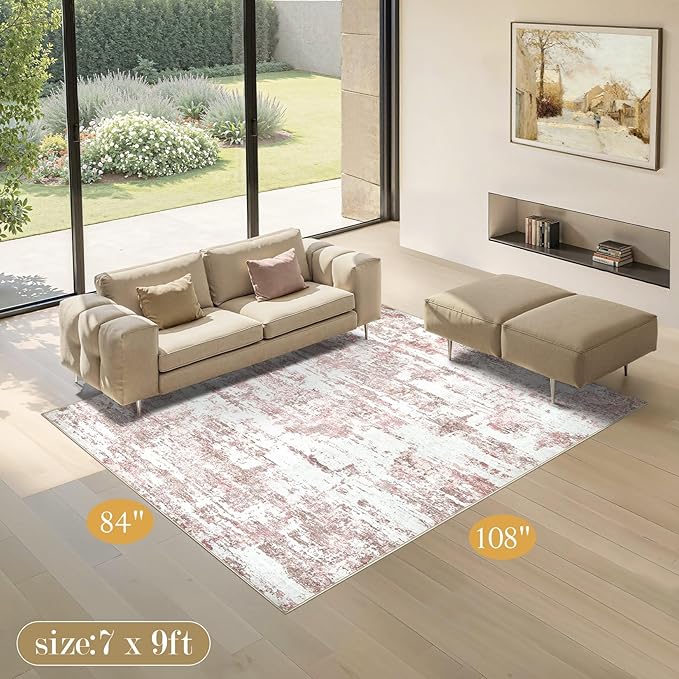 Area Rugs for Living Room: 7x9 Abstract Washable Rug Modern Neutral Large Soft Stain Resistant Non-Slip Backing Machine Table for Bedroom Dining Room Indoor Home Office Carpet - Pink