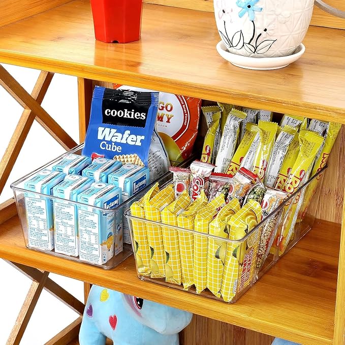 wilfox Pantry Organizer, 7 Pack Clear Bins with Removable Dividers, Pantry Organizers and Storage, Fridge and Cabinet Organizer for Snack, Pouches, Spice Packets