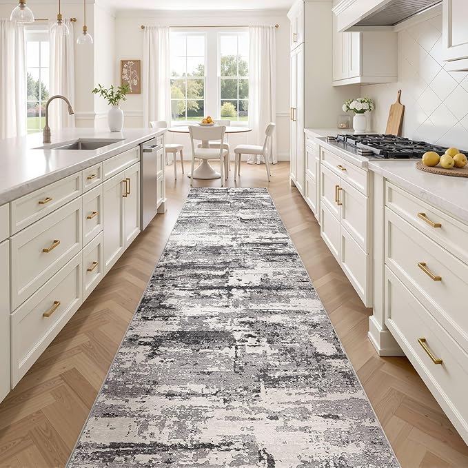 Hallway Washable Runner Rug: 3x12 Abstract Modern Soft Stain Resistant Non-Slip Backing Runner for for Entryway Kitchen Laundry - Black Grey
