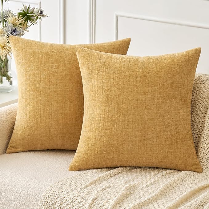 MIULEE Pack of 2 Couch Throw Pillow Covers 18x18 Inch Soft Gold Chenille Pillow Covers for Sofa Living Room Spring Home Decor Couch Solid Dyed Cases