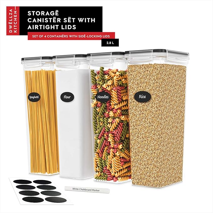 Airtight Food Storage Containers with Lids Set of 4-95 fl. oz Pasta storage Containers, BPA Free Plastic Spaghetti container - Air Tight Canisters for Kitchen Pantry Organization