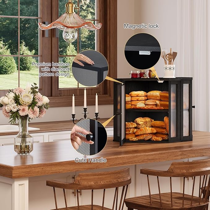 Corner Bread Box for Kitchen Countertop,Bread Storage for Homemade Bread, Double Layer Large Bamboo Kitchen Storage Bin with Window (Black, Large)