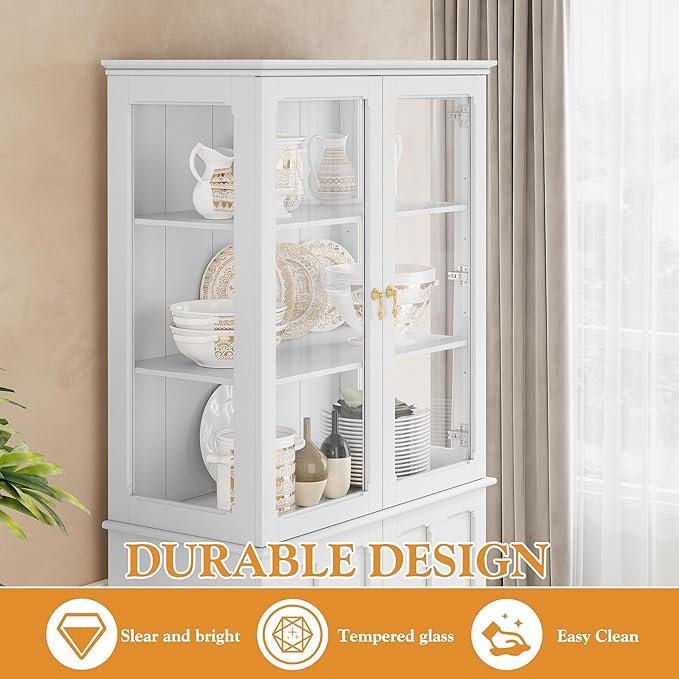 72" Tall Kitchen Pantry Cabinet with Glass Door and Adjustable Shelves, Vintage Food Storage Cabinet for Kitchen, Dining Room, Living Room, White