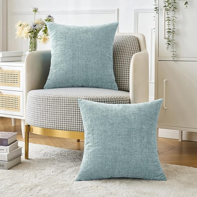 MIULEE Pack of 2 Light Blue Throw Pillow Covers 24x24 Inch Soft Chenille Pillow Covers for Sofa Living Room Spring Home Decor Couch Solid Dyed Cases