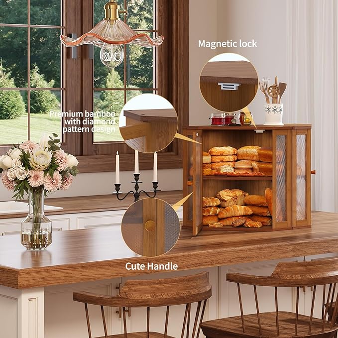 Corner Bread Box for Kitchen Countertop,Bread Storage for Homemade Bread, Double Layer Large Bamboo Kitchen Storage Bin with Window (Brown, Large)