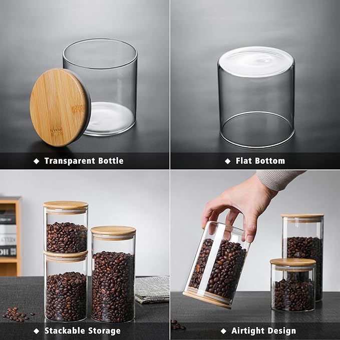 MOLFUJ 1200 ML / 40 FL Oz Glass Storage Container with Wood Lid, Stackable Clear Decorative Organizer Bottle Canister Pantry Jar with Air Tight Wooden Lid for Food, Coffee, Candy, Sugar, Salt, Tea